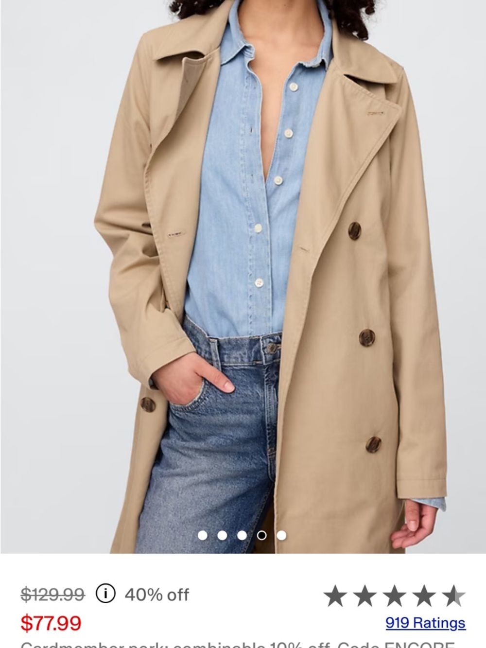 GAP Khaki Double-Breasted Trench Coat with Belt - Picture 2 of 16